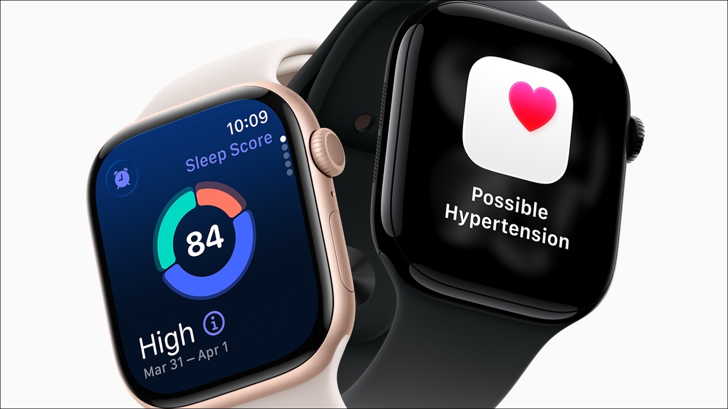 A close up of two Apple Watches: the first showing a High sleep score, the second showing "Possible hypertension" notification